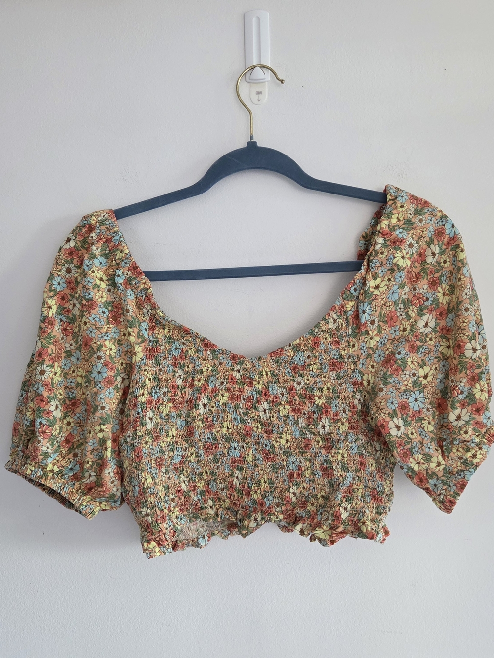 Rip Curl Floral Smocked Puff-Sleeve Crop Top - Coral, Blue, Yellow